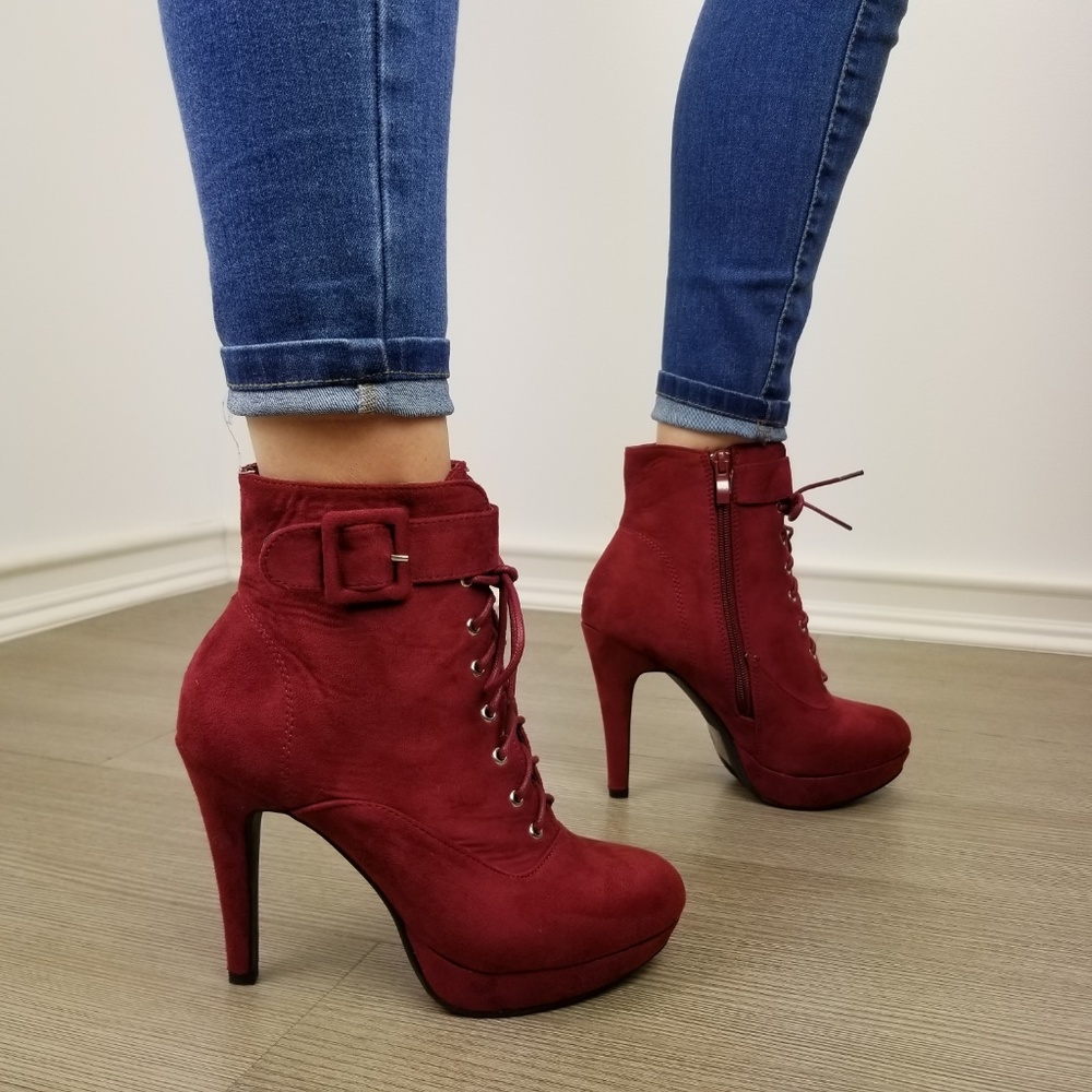 Faux Suede Heel Lace-Up Ankle Booties - Picture 8 of 8